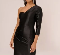 Adrianna Papell Wedding Guest Dresses|Petite-Friendly*One Shoulder Satin Midi Dress With Three-Quarter Sleeve In