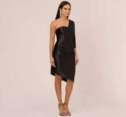 Adrianna Papell Wedding Guest Dresses|Petite-Friendly*One Shoulder Satin Midi Dress With Three-Quarter Sleeve In