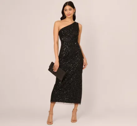 Adrianna Papell Wedding Guest Dresses|Ap Exclusives*One Shoulder Sequin Beaded Ankle Length Dress In