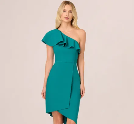 Adrianna Papell Wedding Guest Dresses*One Shoulder Stretch Crepe Short Dress In Deep Emerald