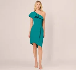 Adrianna Papell Wedding Guest Dresses*One Shoulder Stretch Crepe Short Dress In Deep Emerald