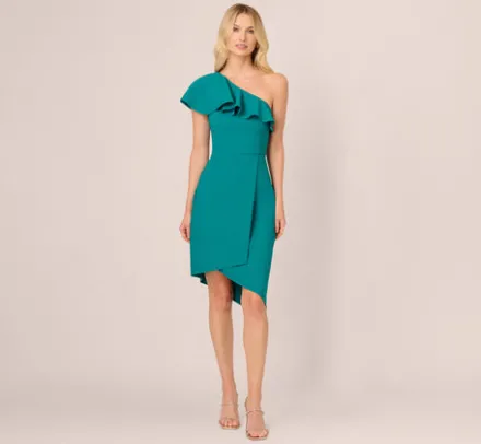 Adrianna Papell Wedding Guest Dresses*One Shoulder Stretch Crepe Short Dress In Deep Emerald