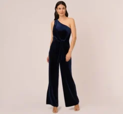 Adrianna Papell Jumpsuits*One Shoulder Velvet Jumpsuit With Draped Accent In