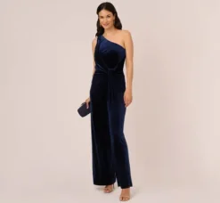 Adrianna Papell Jumpsuits*One Shoulder Velvet Jumpsuit With Draped Accent In