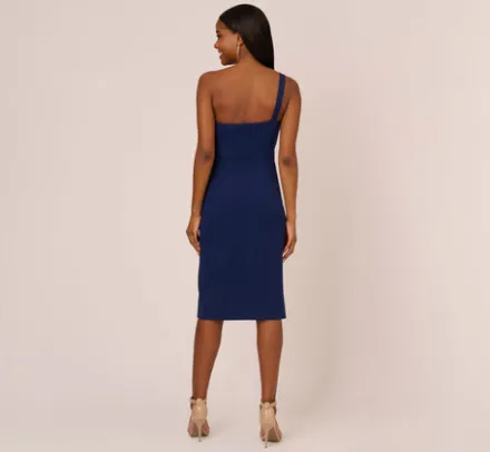 Adrianna Papell Wedding Guest Dresses|Day Dresses*One Sleeve Sheath Dress With Bow Neckline In Navy Sateen