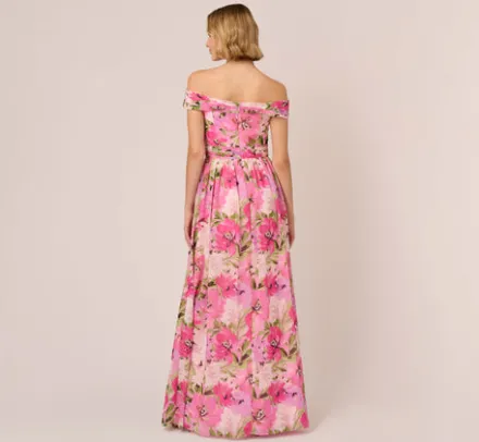 Adrianna Papell Wedding Guest Dresses|Formal Dresses*Painterly Floral Print Off The Shoulder Gown With Twisted Bust In Pink Multi