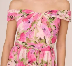 Adrianna Papell Wedding Guest Dresses|Formal Dresses*Painterly Floral Print Off The Shoulder Gown With Twisted Bust In Pink Multi