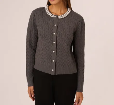 Adrianna Papell Tops & Blouses|Sweaters*Pearl Button Detail Cable Cardigan Sweater In Heather Graphite