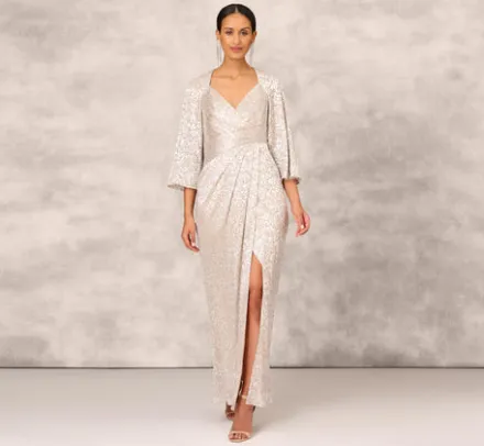 Adrianna Papell Wedding Guest Dresses|Formal Dresses*Pleated Foiled Long Column Dress With Slit And Flutter Sleeves In Silver Gold