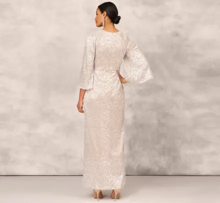 Adrianna Papell Wedding Guest Dresses|Formal Dresses*Pleated Foiled Long Column Dress With Slit And Flutter Sleeves In Silver Gold