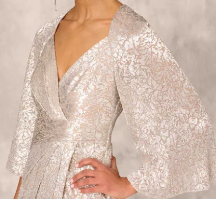 Adrianna Papell Wedding Guest Dresses|Formal Dresses*Pleated Foiled Long Column Dress With Slit And Flutter Sleeves In Silver Gold