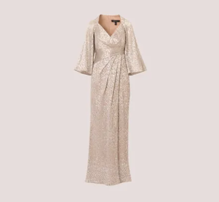 Adrianna Papell Wedding Guest Dresses|Formal Dresses*Pleated Foiled Long Column Dress With Slit And Flutter Sleeves In Silver Gold