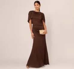 Adrianna Papell Wedding Guest Dresses|Formal Dresses*Pleated Metallic Cape Gown In