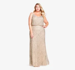 Adrianna Papell Wedding Guest Dresses|Formal Dresses*Plus Size Art Deco Beaded Blouson Gown In Taupe Pink