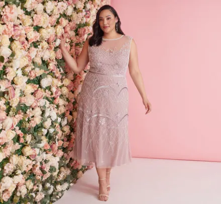 Adrianna Papell Wedding Guest Dresses|Formal Dresses*Plus Size Beaded Ankle-Length Dress With Sheer Neckline In Dusted Petal Ivory