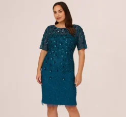 Adrianna Papell Wedding Guest Dresses|Petite-Friendly*Plus Size Beaded Cocktail Dress In Teal Sapphire