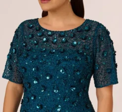 Adrianna Papell Wedding Guest Dresses|Petite-Friendly*Plus Size Beaded Cocktail Dress In Teal Sapphire