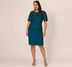 Adrianna Papell Wedding Guest Dresses|Petite-Friendly*Plus Size Beaded Cocktail Dress In Teal Sapphire