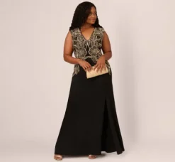 Adrianna Papell Wedding Guest Dresses|Formal Dresses*Plus Size Beaded Crepe Long Dress In