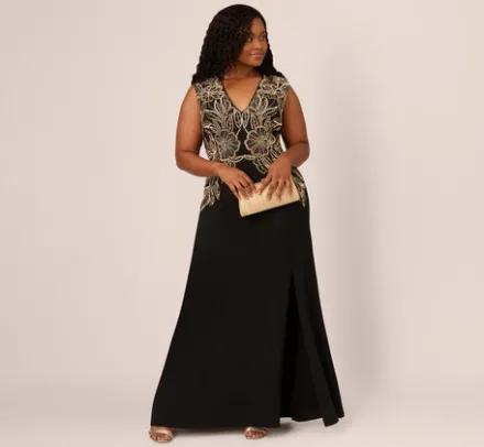 Adrianna Papell Wedding Guest Dresses|Formal Dresses*Plus Size Beaded Crepe Long Dress In