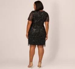 Adrianna Papell Wedding Guest Dresses|Formal Dresses*Plus Size Beaded Fringe Dress With Sheer Short Sleeves In