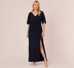Adrianna Papell Wedding Guest Dresses|Formal Dresses*Plus Size Crepe Mermaid Gown With Pearl Trim Short Sleeves In