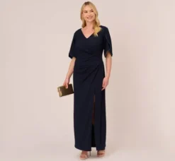 Adrianna Papell Wedding Guest Dresses|Formal Dresses*Plus Size Crepe Mermaid Gown With Pearl Trim Short Sleeves In