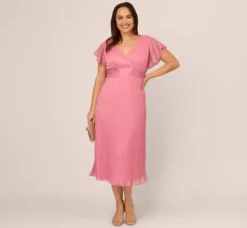 Adrianna Papell Wedding Guest Dresses|Day Dresses*Plus Size Crinkle Mesh Midi Dress With Flutter Sleeves In Faded Rose