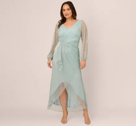 Adrianna Papell Wedding Guest Dresses|Formal Dresses*Plus Size Crinkle Metallic Gown With Sheer Bishop Sleeves And Draped Details In Mint Smoke