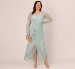 Adrianna Papell Wedding Guest Dresses|Formal Dresses*Plus Size Crinkle Metallic Gown With Sheer Bishop Sleeves And Draped Details In Mint Smoke