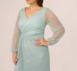 Adrianna Papell Wedding Guest Dresses|Formal Dresses*Plus Size Crinkle Metallic Gown With Sheer Bishop Sleeves And Draped Details In Mint Smoke