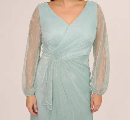 Adrianna Papell Wedding Guest Dresses|Formal Dresses*Plus Size Crinkle Metallic Gown With Sheer Bishop Sleeves And Draped Details In Mint Smoke