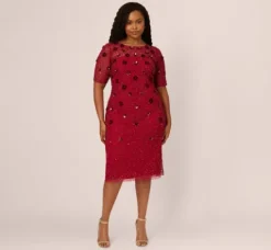 Adrianna Papell Wedding Guest Dresses|Formal Dresses*Plus Size Embellished Mesh Cocktail Dress In