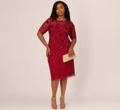 Adrianna Papell Wedding Guest Dresses|Formal Dresses*Plus Size Embellished Mesh Cocktail Dress In
