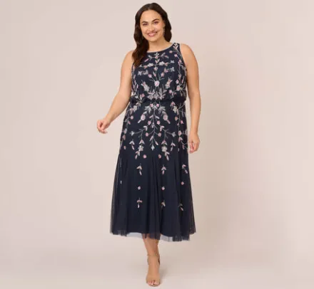 Adrianna Papell Wedding Guest Dresses|Formal Dresses*Plus Size Floral Beaded Blouson Tea Length Dress In Navy Blush