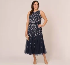 Adrianna Papell Wedding Guest Dresses|Formal Dresses*Plus Size Floral Beaded Blouson Tea Length Dress In Navy Blush