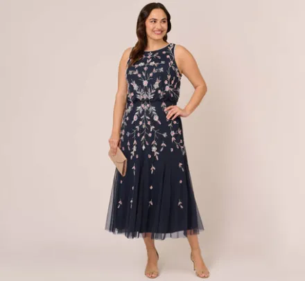 Adrianna Papell Wedding Guest Dresses|Formal Dresses*Plus Size Floral Beaded Blouson Tea Length Dress In Navy Blush