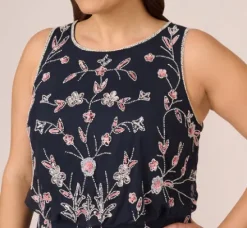Adrianna Papell Wedding Guest Dresses|Formal Dresses*Plus Size Floral Beaded Blouson Tea Length Dress In Navy Blush