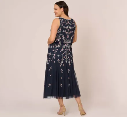 Adrianna Papell Wedding Guest Dresses|Formal Dresses*Plus Size Floral Beaded Blouson Tea Length Dress In Navy Blush