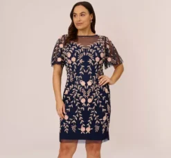 Adrianna Papell Wedding Guest Dresses|Petite-Friendly*Plus Size Floral Beaded Dress With Sheer Flutter Sleeves In Navy Blush