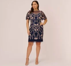 Adrianna Papell Wedding Guest Dresses|Petite-Friendly*Plus Size Floral Beaded Dress With Sheer Flutter Sleeves In Navy Blush