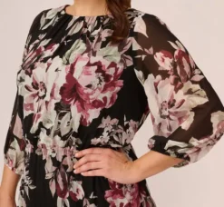 Adrianna Papell Wedding Guest Dresses|Day Dresses*Plus Size Floral Chiffon Dress With Three Quarter Length Sleeves In Black Multi