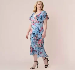 Adrianna Papell Wedding Guest Dresses|Day Dresses*Plus Size Floral Faux Wrap Dress In Blue Multi