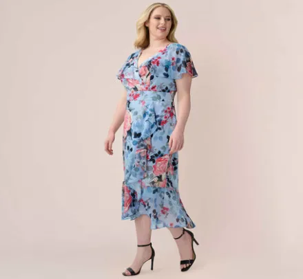 Adrianna Papell Wedding Guest Dresses|Day Dresses*Plus Size Floral Faux Wrap Dress In Blue Multi