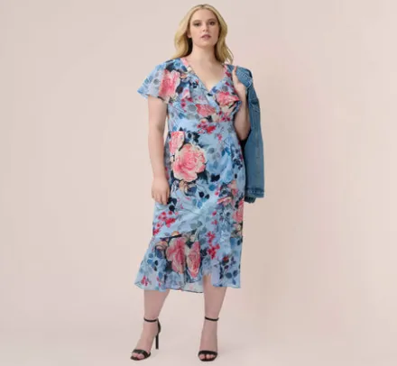 Adrianna Papell Wedding Guest Dresses|Day Dresses*Plus Size Floral Faux Wrap Dress In Blue Multi