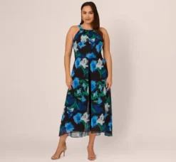 Adrianna Papell Jumpsuits|Day Dresses*Plus Size Floral Print Chiffon Cropped Jumpsuit With Wide Legs In Black Multi