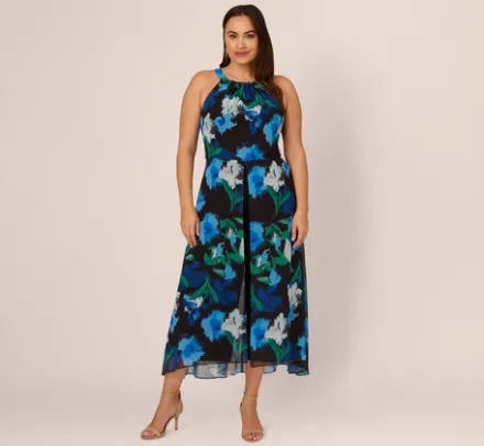 Adrianna Papell Jumpsuits|Day Dresses*Plus Size Floral Print Chiffon Cropped Jumpsuit With Wide Legs In Black Multi
