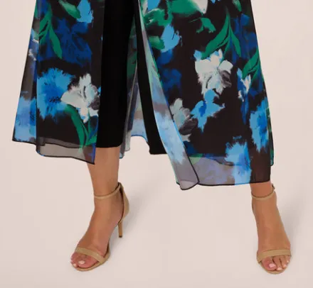 Adrianna Papell Jumpsuits|Day Dresses*Plus Size Floral Print Chiffon Cropped Jumpsuit With Wide Legs In Black Multi