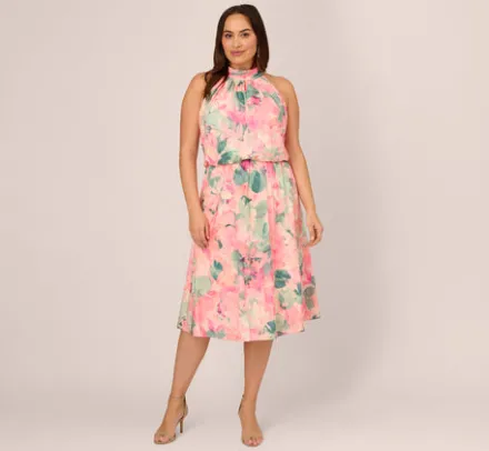 Adrianna Papell Wedding Guest Dresses|Day Dresses*Plus Size Floral Print Chiffon Halter Dress With Mock Neck In Blush Multi