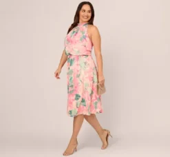Adrianna Papell Wedding Guest Dresses|Day Dresses*Plus Size Floral Print Chiffon Halter Dress With Mock Neck In Blush Multi